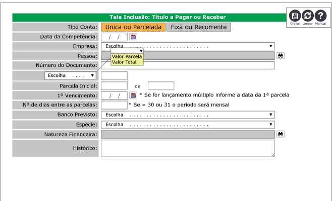 inclusaotitulo-guinzo Tela de inclusão de títulos a pagar e receber do financeiro do sistema